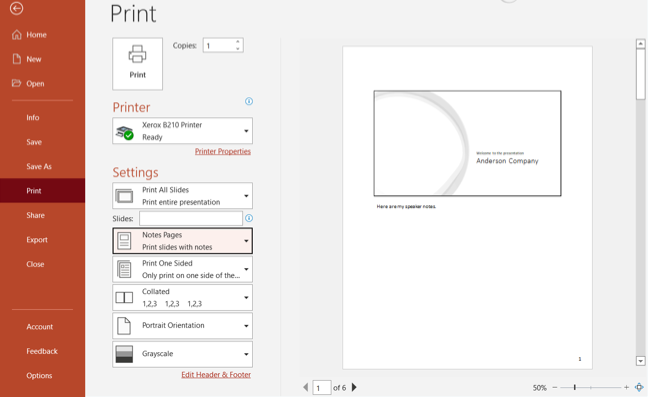 Print settings in PowerPoint on Windows