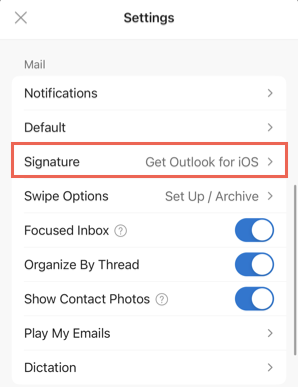 Signature in the mobile Outlook settings