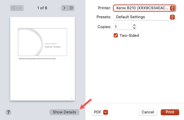 Show Details to expand the print settings on Mac