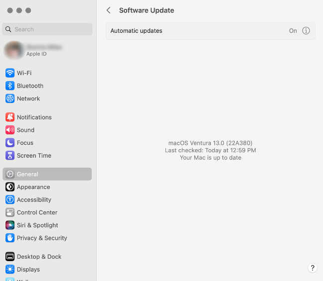 Software update screen on Mac