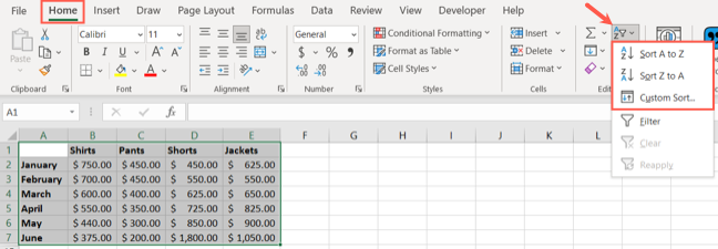 Sort options in Excel