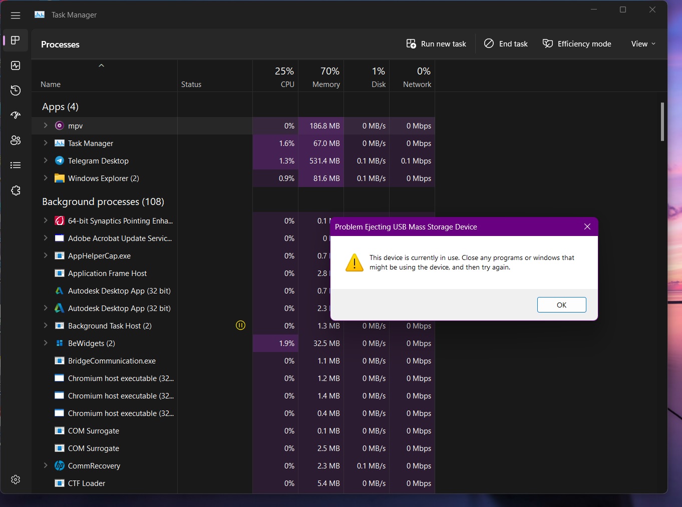 Windows 11 22H2 Task Manager bug blocks ‘safely eject media’ feature