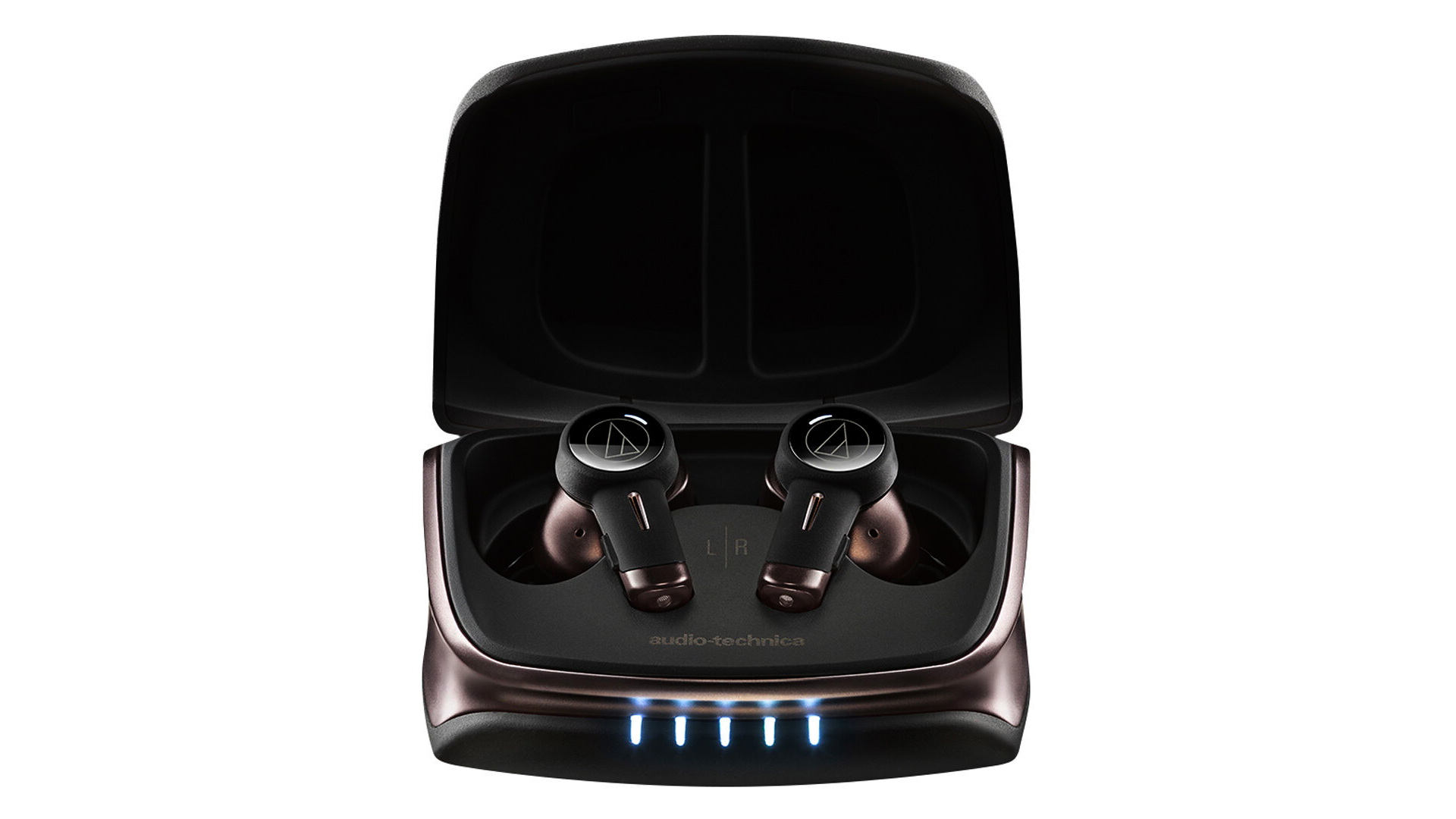 The Audio-Technica ATH-TWX9 earbuds in their UV-sterilizing charging case.