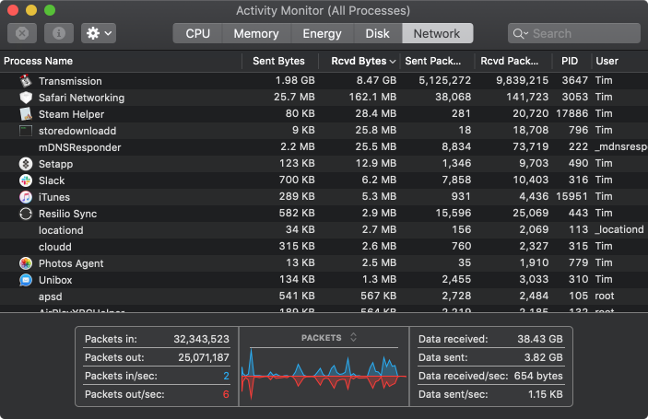 Activity Monitor pane on a Mac showing all incoming and outgoing processes.