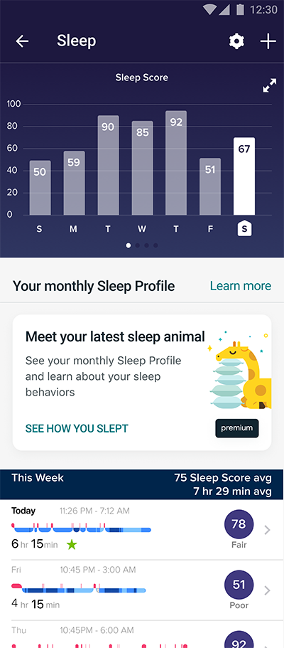 image of Fitbit Sleep Profile showing weekly sleep scores and other data.