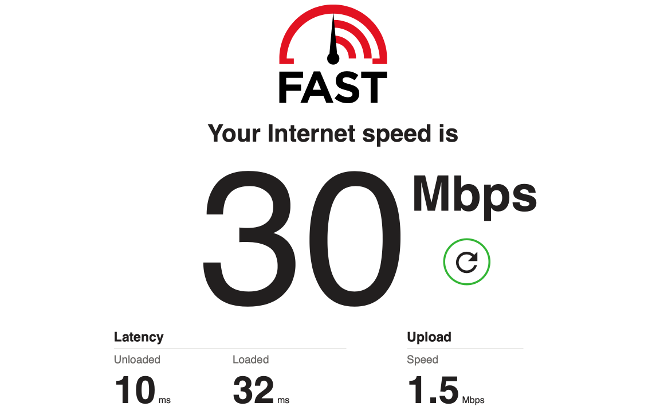 The results of an Internet Speed Test on Fast.com.