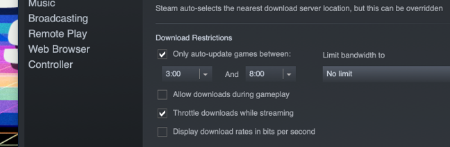 "Download Restrictions" in Steam settings, scheduling downloads between specific hours.