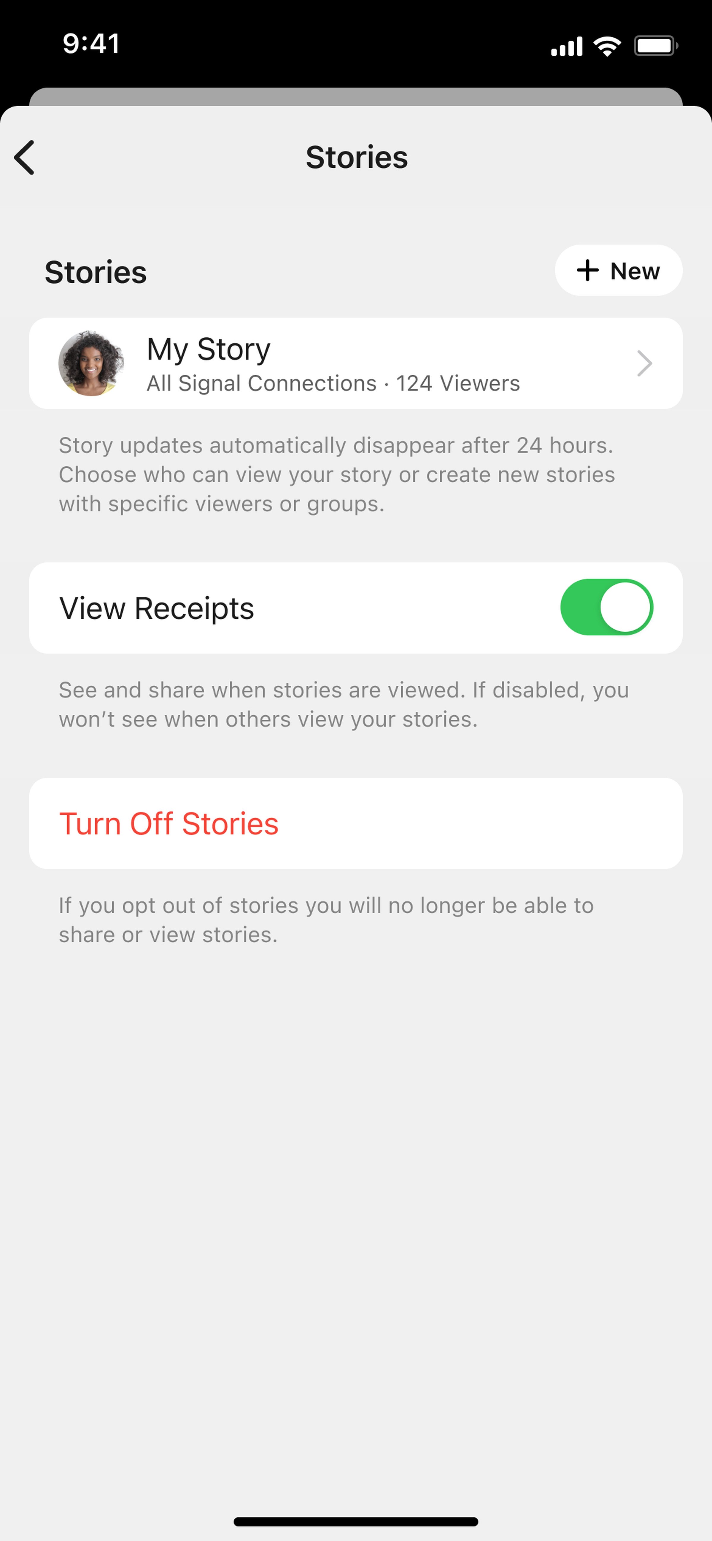 A screengrab of the Signal app settings for Stories.