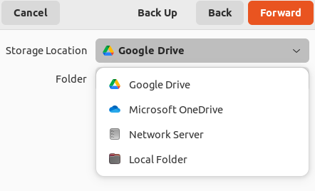 Selecting Google Drive as the destination in deja dup