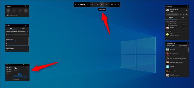 Finding the Performance pane in Windows 10's Game Bar.