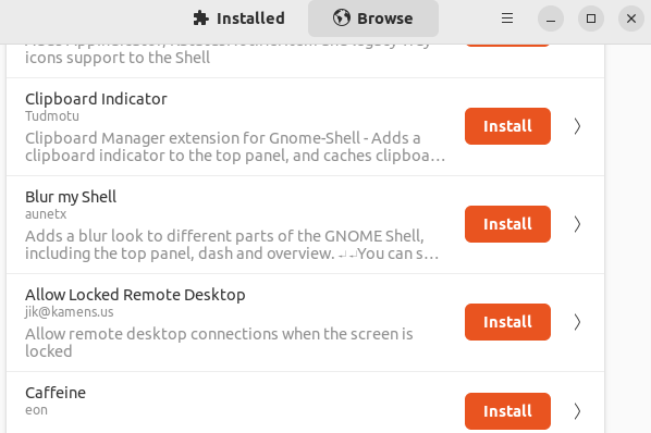 Browsing for extensions in the GNOME extension manager