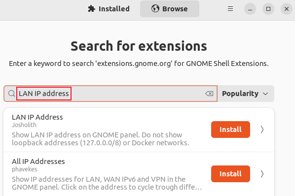 Searching for an extension in the GNOME extension manager
