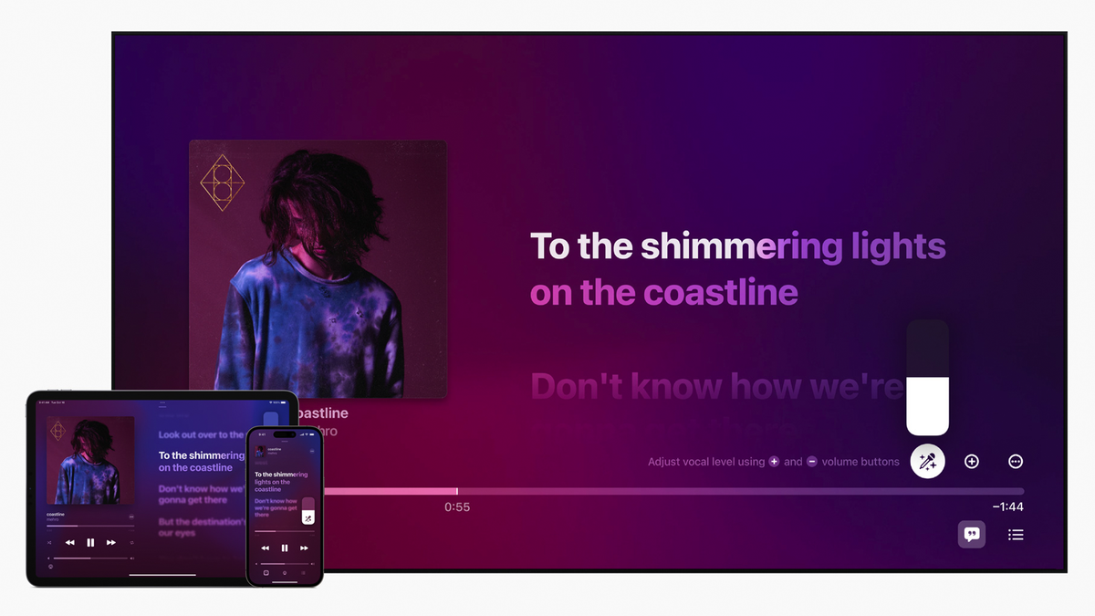 Apple Music Sing running on an iPhone, iPad, and Apple TV.