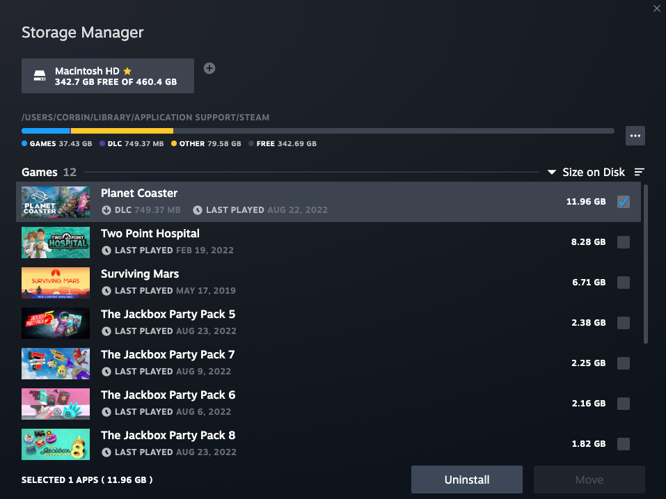 Steam Storage Manager image with several games listed