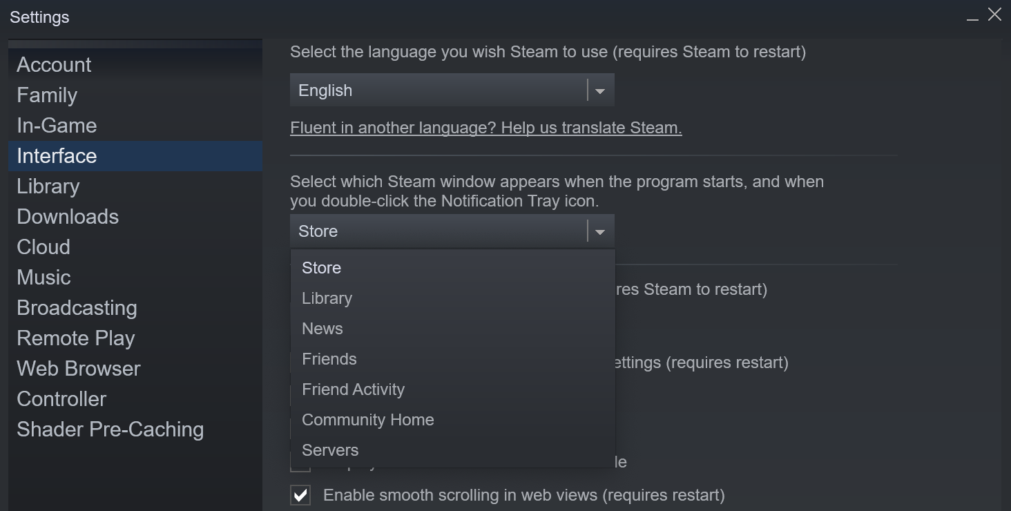 image of dropdown menu on Steam interface settings