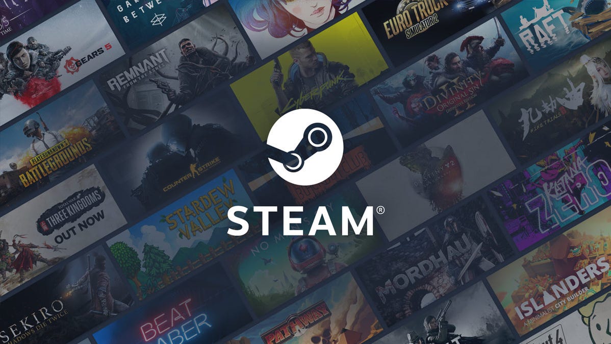 The Steam logo over a collage of game covers.