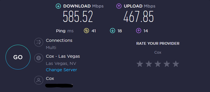 Speed test showing 585 download speed and 467 upload speed