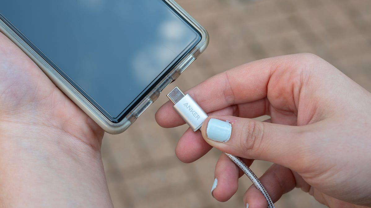 Person plugging the Anker New Nylon USB-C cable into a phone