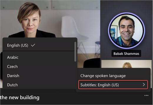 A Microsoft Teams meeting displaying a captions box that lists languages availabe for transcription and translation.