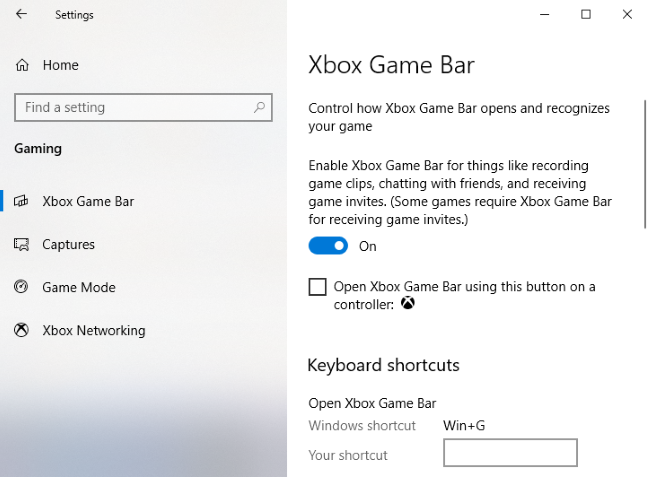 The Settings > Gaming > Xbox Game Bar window.