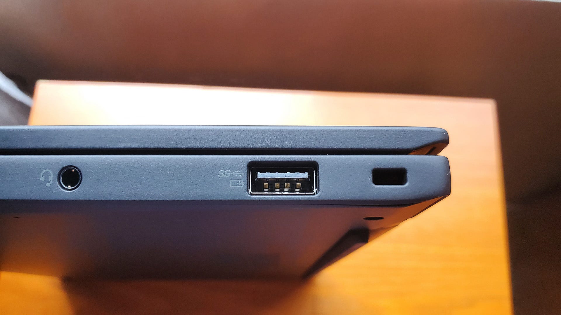 The Lenovo ThinkPad X1 Carbon laptop's right side with ports.