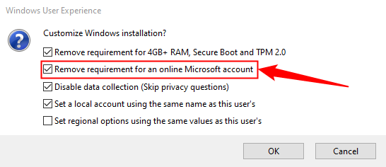 Disable certain Windows 11 installation requirements. The second option, "Remove Requirement For An Online Microsoft Account," is essential. 