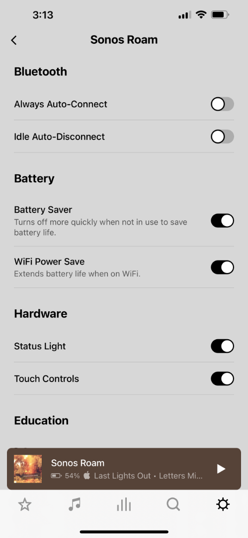 Battery settings for the Roam in the Sonos app