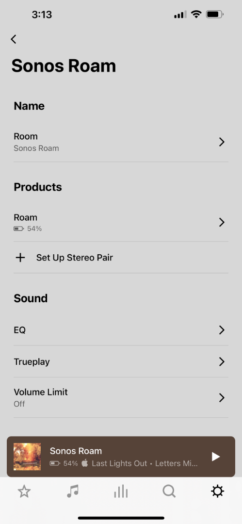 Overview of the Roam in the Sonos app