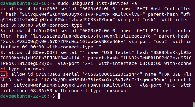 Obtaining a USB device's ID number using the list-devices command