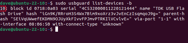 Using the list-devices command to list blocked, connected, devices