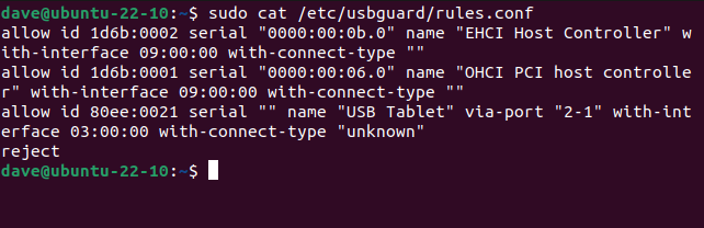 Using cat to list the auto-generated rules in /etc/usbguard/rules.conf