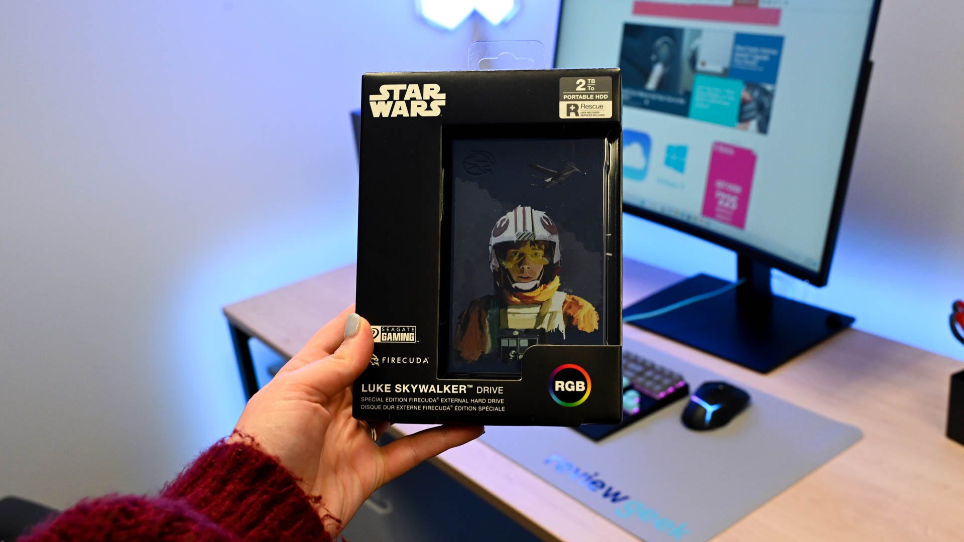 Seagate Luke Skywalker External Hard Drive in its packaging with Skywalker portrait