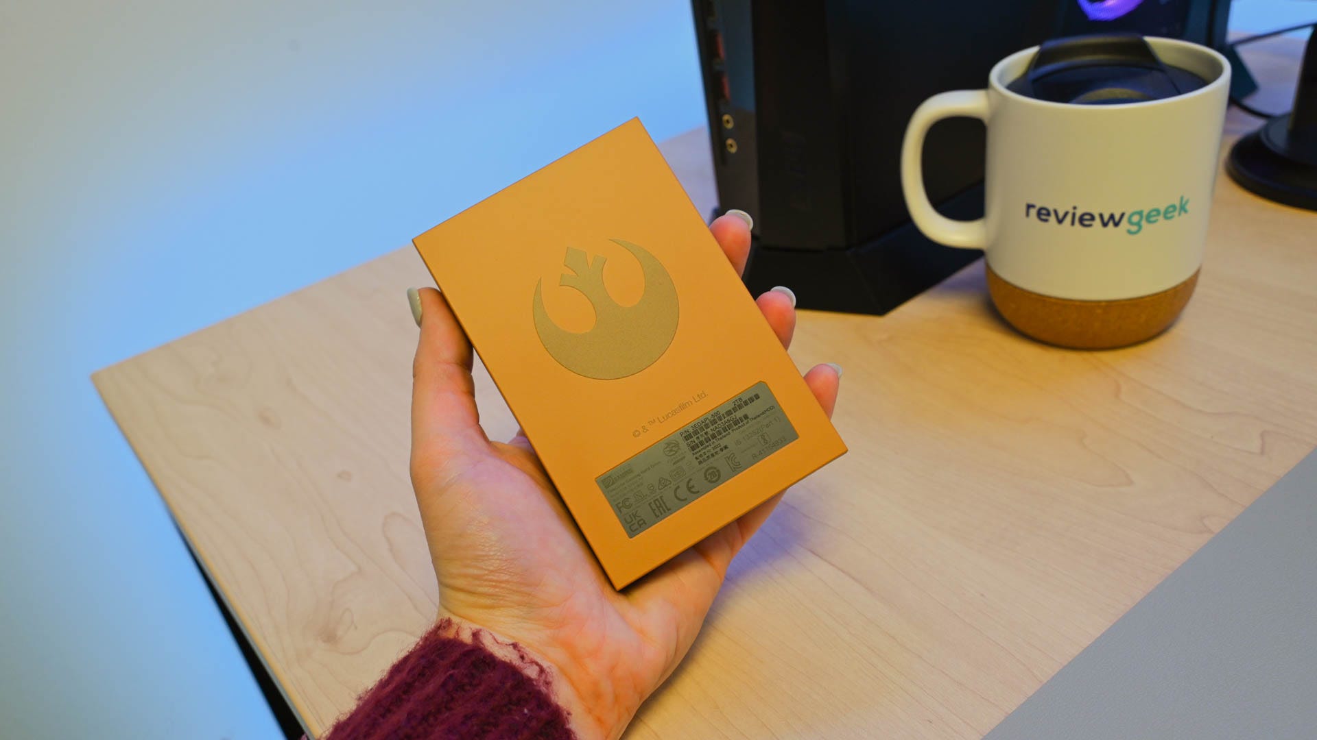 Seagate 2TB Luke Skywalker External HDD with yellow back and Rebel Alliance logo