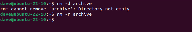 Using the -r (recursive) option to delete a directory and its files