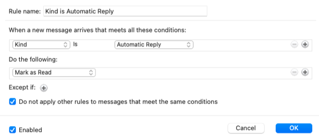 Final setup screen for an automatic reply rule in Outlook