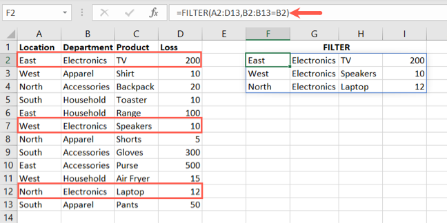 FILTER function basic formula in Excel