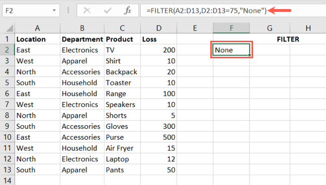FILTER function formula with no results
