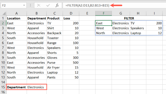 FILTER function formula using a separate cell as criteria