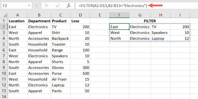 FILTER function formula using text criteria