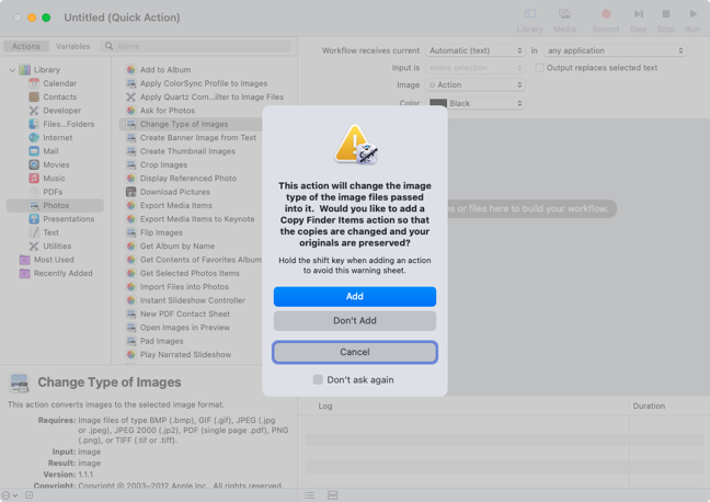 Message to add the Copy action in Automator