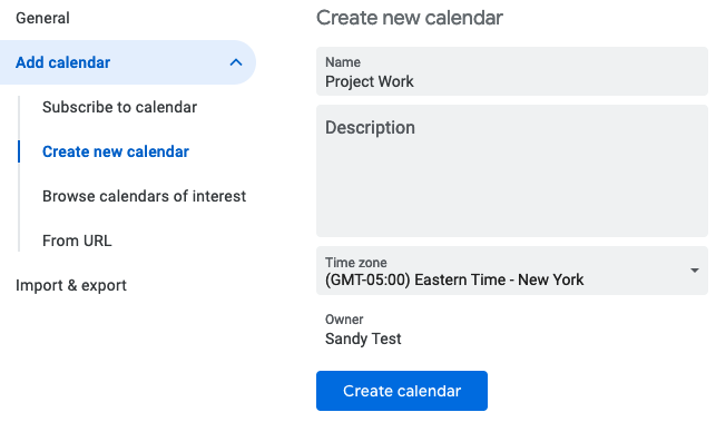 Create New Calendar in Google Calendar