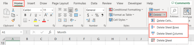 Delete Sheet Columns and Rows on the Home tab