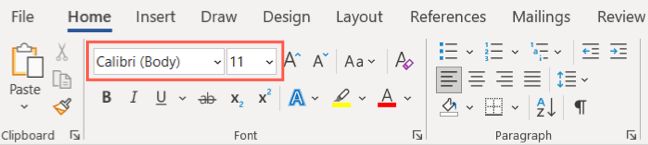 Font style and size on the Home tab