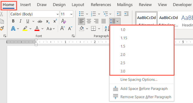 Paragraph and Line Spacing menu on the Home tab
