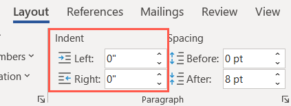Indent settings on the Layout tab
