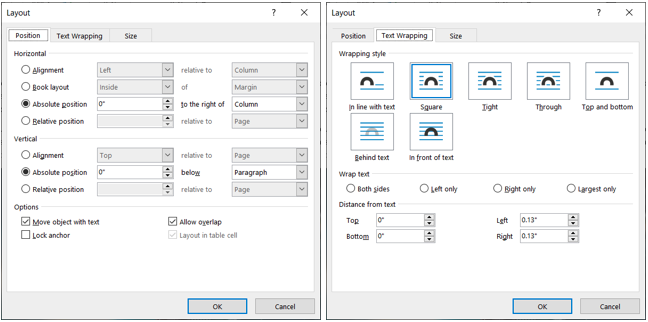 Position and Text Wrapping settings in the Layout window