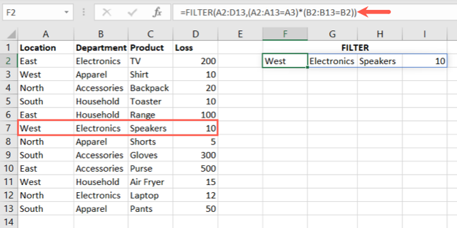 FILTER function formula for multiple criteria using AND