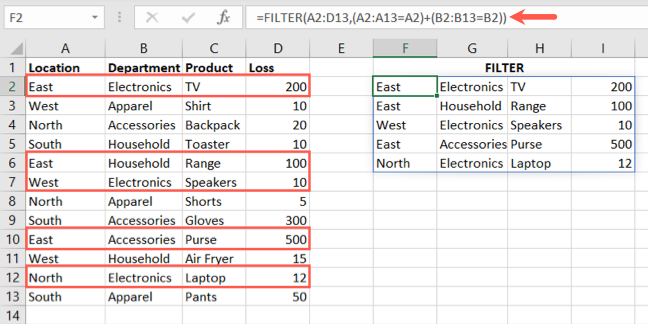 FILTER function formula for multiple criteria using OR