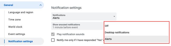 Notification settings in Google Calendar