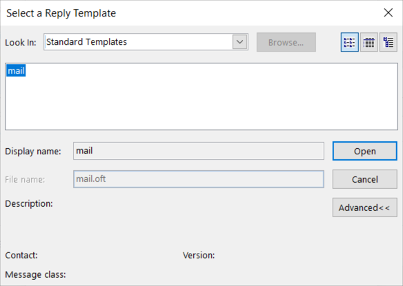 Pick template window for an Outlook rule